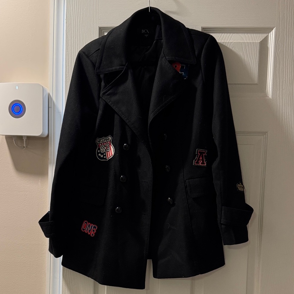 BCX Black Peacoat with Embroidered Patches